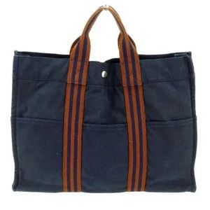 Authentic HERMES Fourre Tout MM Tote Hand Bag Canvas Cotton Navy Blue